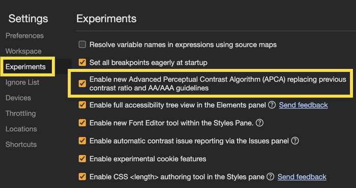 فعال کردن تضاد رنگ APCA در تنظیمات DevTools مرورگر گوگل کروم