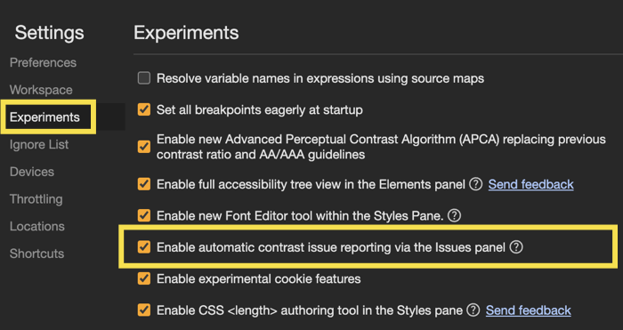 ÙØ¹Ø§Ù„ Ú©Ø±Ø¯Ù† ØªØ¶Ø§Ø¯ Ø±Ù†Ú¯ automatic contrast issue reporting Ø¯Ø± ØªÙ†Ø¸ÛŒÙ…Ø§Øª DevTools Ú¯ÙˆÚ¯Ù„ Ú©Ø±ÙˆÙ…