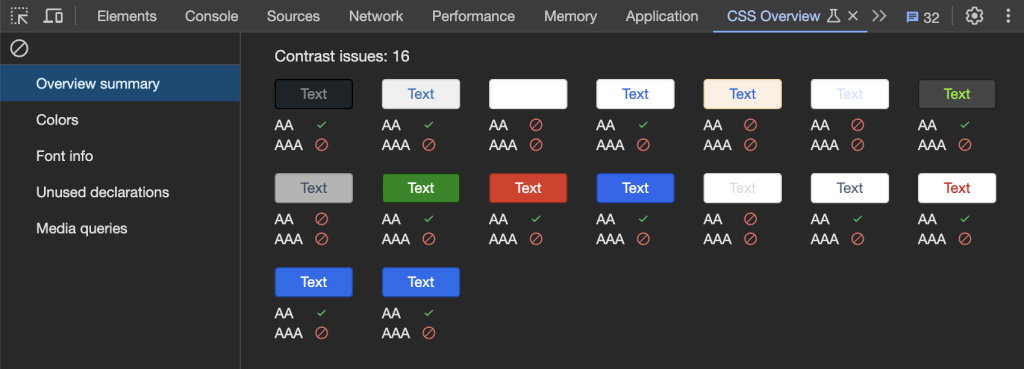 نمایش Contrast issue های موجود در گزارش CSS Overview در DevTools مرورگر گوگل کروم با استاندارد AA/AAA
