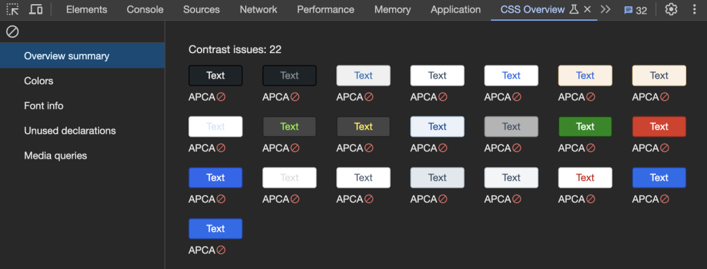 نمایش Contrast issue های موجود در گزارش CSS Overview در DevTools مرورگر گوگل کروم با استاندارد APCA