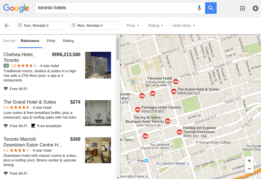 یافتن هتل در تورنتو با هتل یاب گوگل