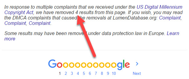 نمایش صفحات حذف شده از ایندکس گوگل با حکم DMCA در SERP