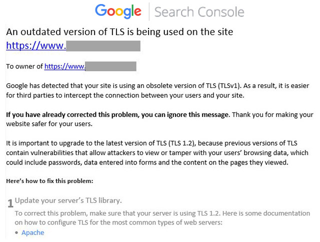 اخطار TLSv1 گوگل سرچ کنسول
