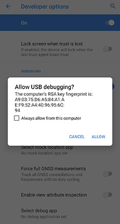 پذیرفتن پیام Allow USB debugging بر روی گوشی