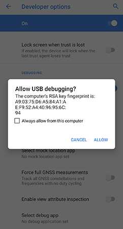 پذیرفتن پیام Allow USB debugging بر روی گوشی