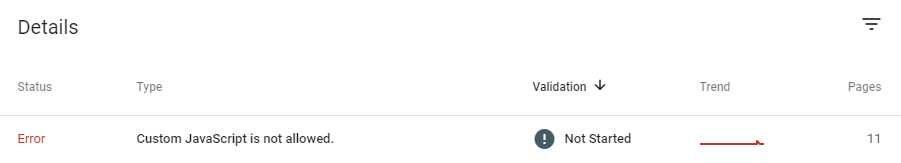 ارور Custom JavaScript is not allowed در گزارش امپ سرچ کنسول