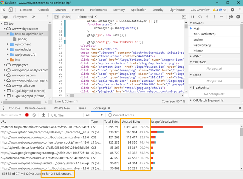 جاوااسکریپت های بدون استفاده در تب Coverage در DevTools