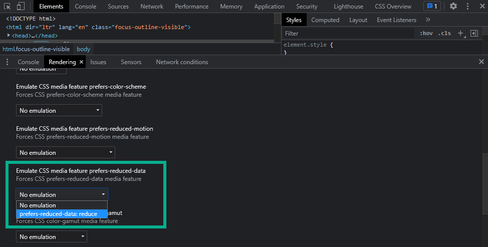 Ø§Ù†ØªØ®Ø§Ø¨ prefers-reduced-data Ø¯Ø± ØªØ¨ Rendering Ø¯Ø± DevTools Ú¯ÙˆÚ¯Ù„ Ú©Ø±ÙˆÙ…