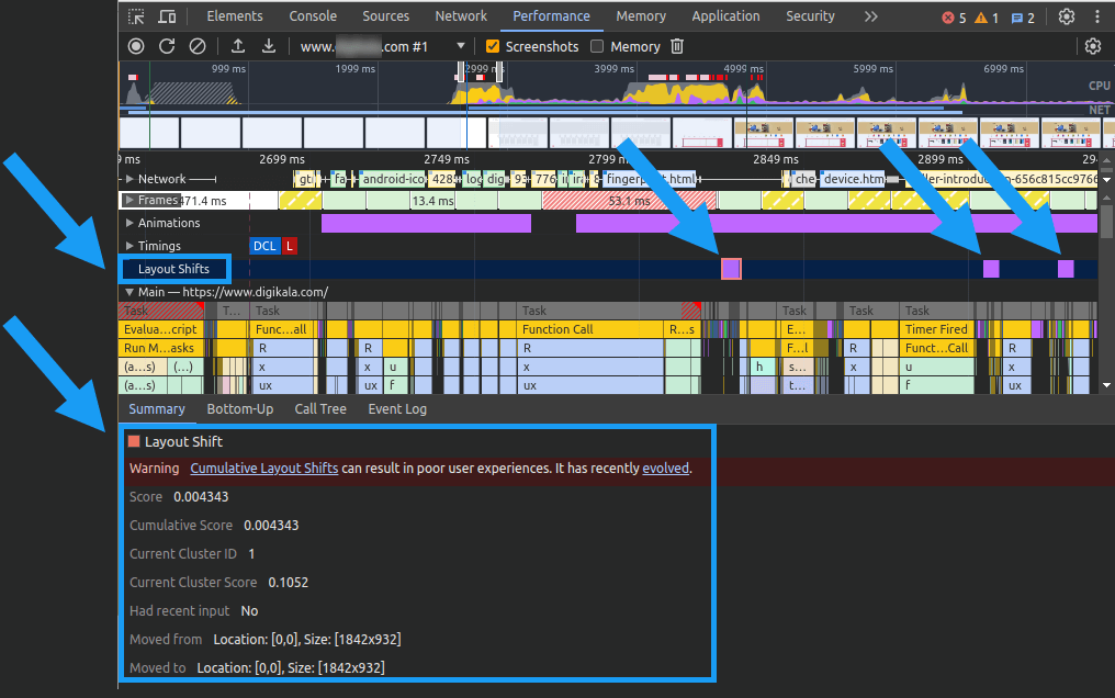 شناسایی layout shift در گزارش پرفورمنس DevTools گوگل کروم