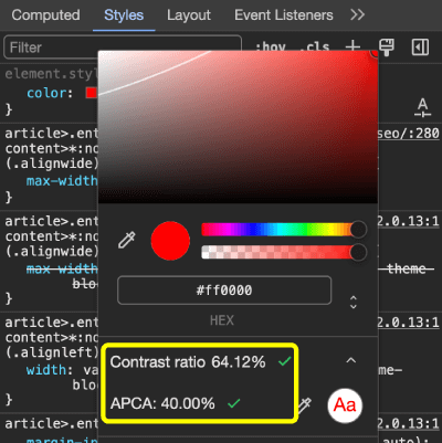 بررسی تضاد رنگ APCA در color picker گوگل کروم