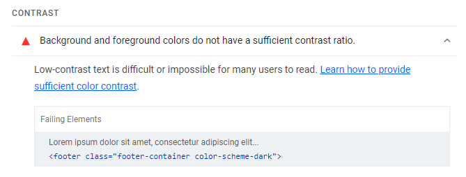 نمایش ارور Contrast ratio در گزارش Accessibility لایت هاوس گوگل